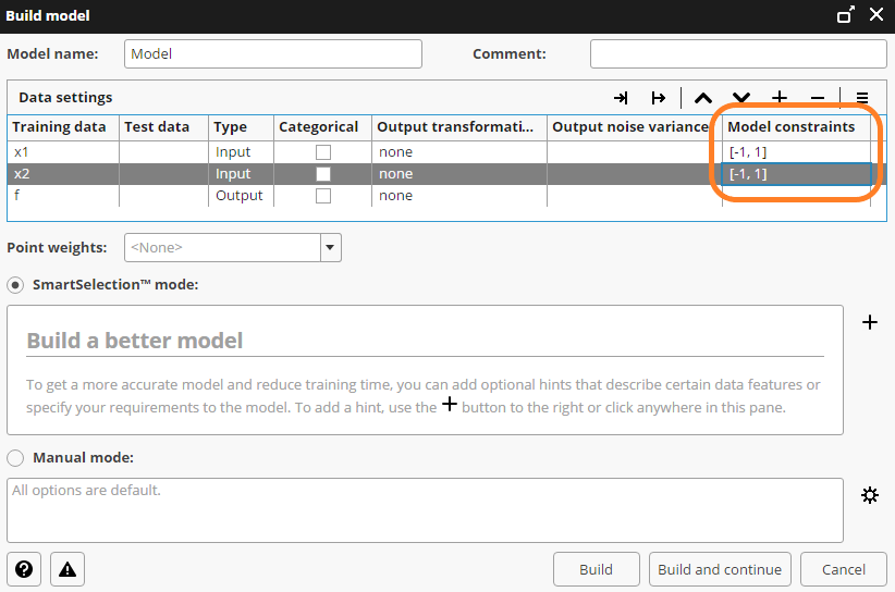 Build model dialog in Analyze of pSeven platform. Input ranges