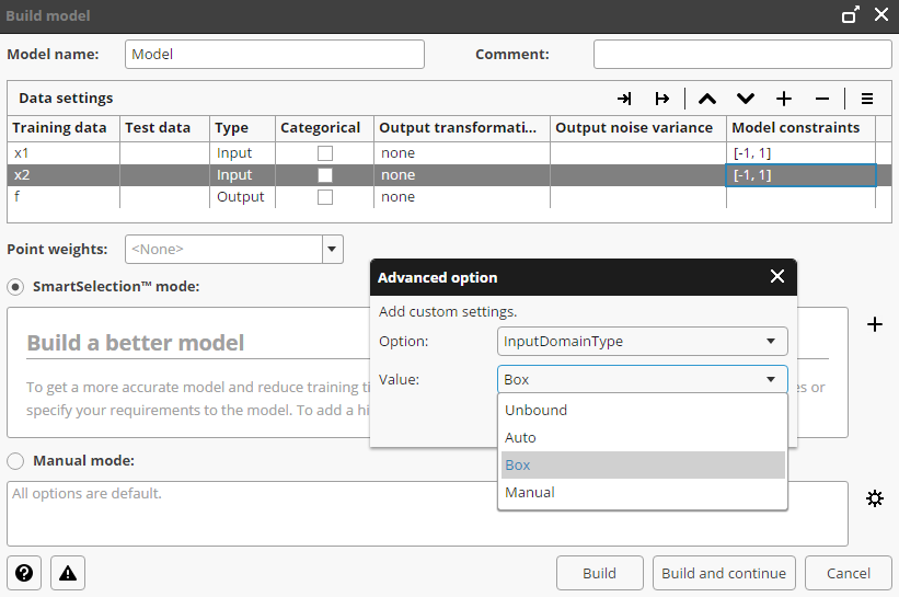 Build model dialog in Analyze. InputDomainType option